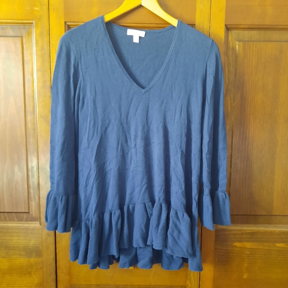 Lilly Pulitzer Adela True Navy Blue V-Neck Knit Sweater 3/4 Ruffle Sleeve Size L